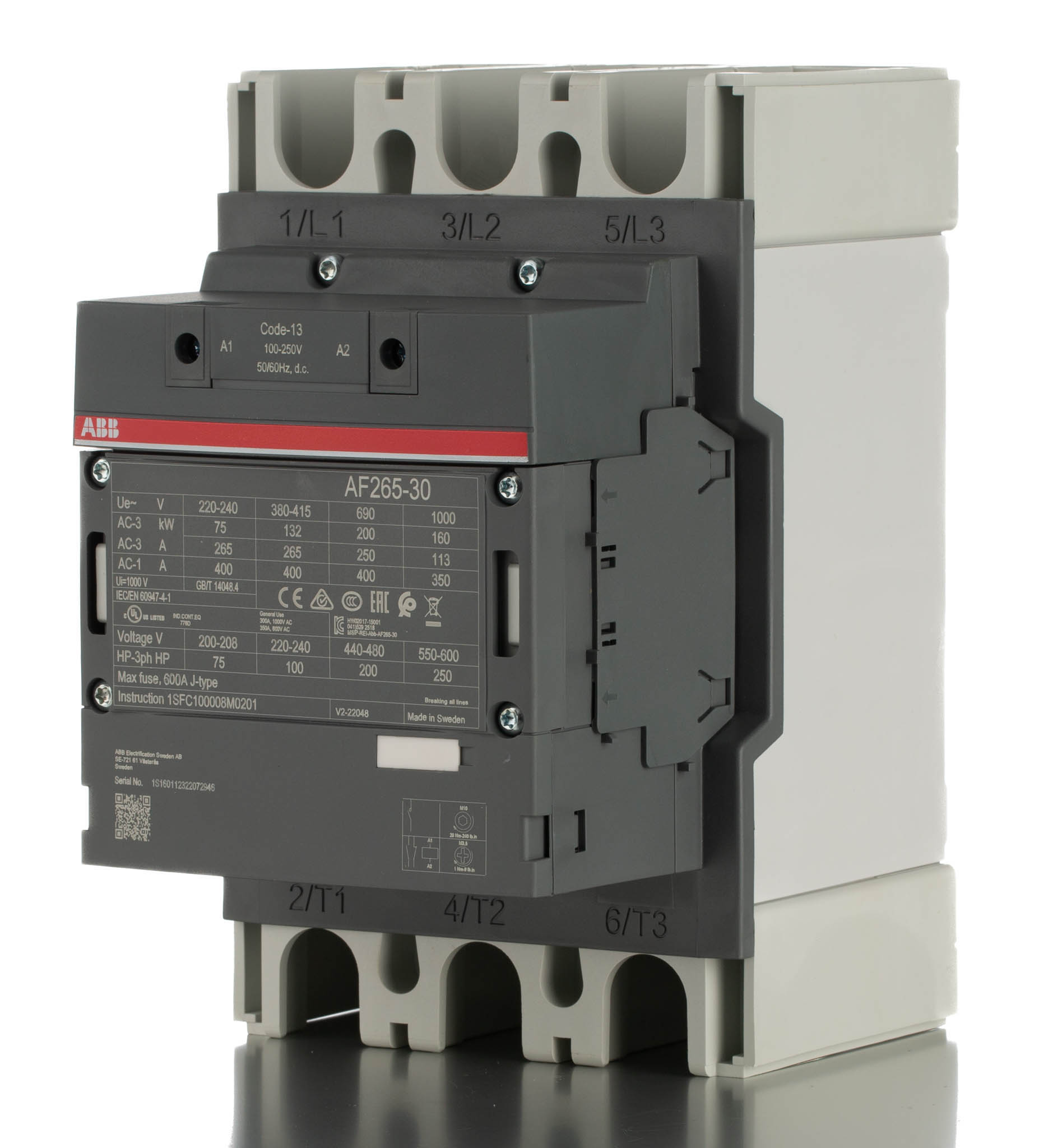 ABB AF265-30-11-13 AF Contactor, 230 V ac Coil, 3-Pole, 400 A, 132 kW, 3NO, 690 V ac