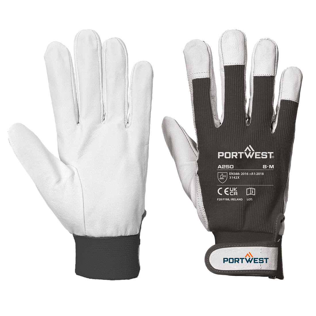 Portwest Hand Protection Blue Cotton, Leather, Polyester Work Gloves, Size 2XL