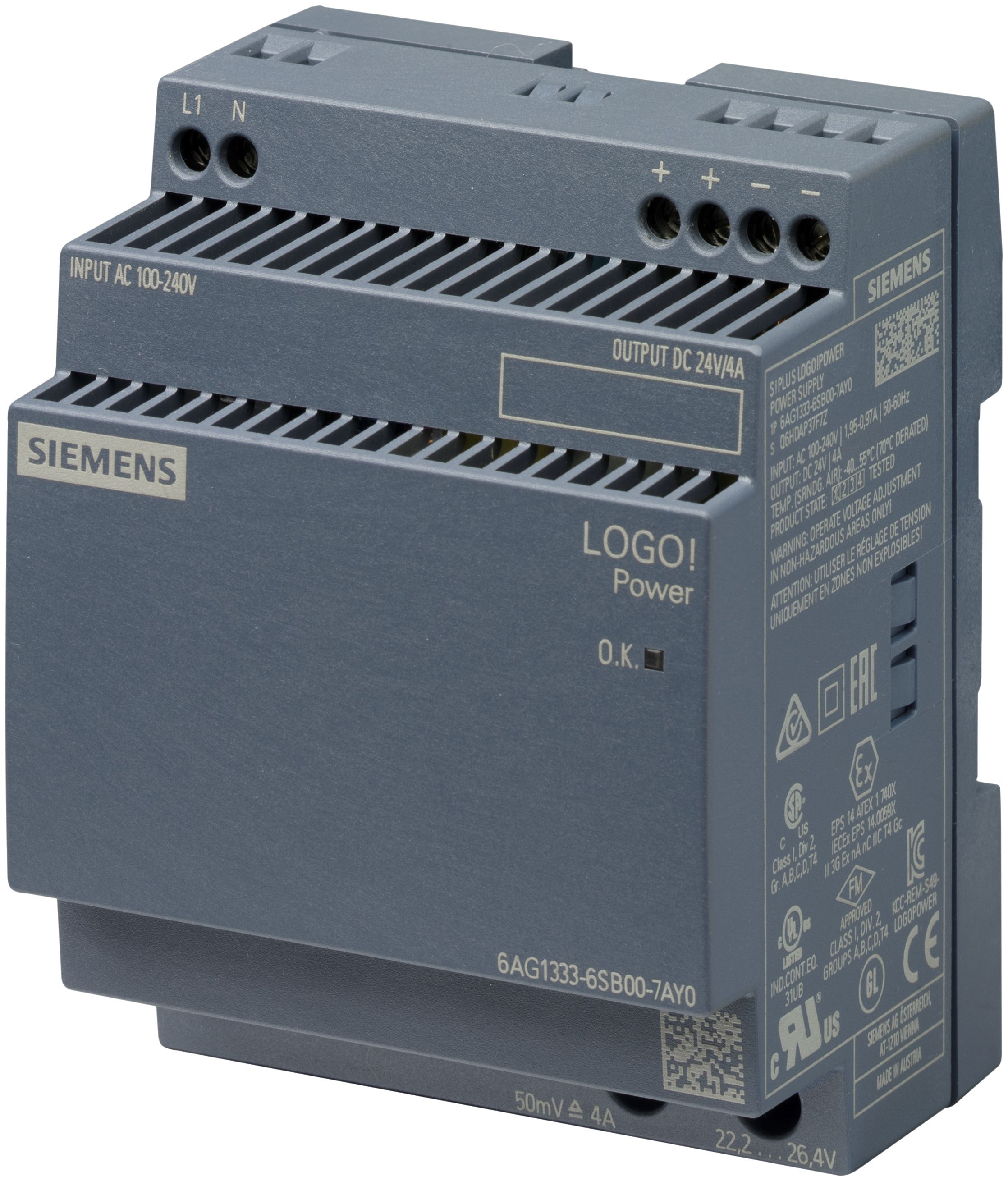 Siemens SIPLUS LOGO Switched Mode DIN Rail Power Supply, 100V ac ac Input, 24V dc dc Output, 4A Output, 96W