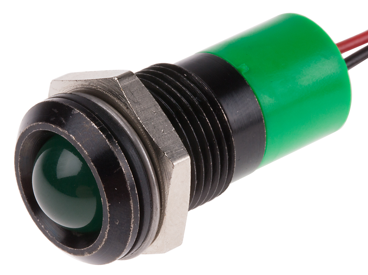 RS PRO Green Panel Mount Indicator, 24V dc, 14mm Mounting Hole Size, Lead Wires Termination, IP67
