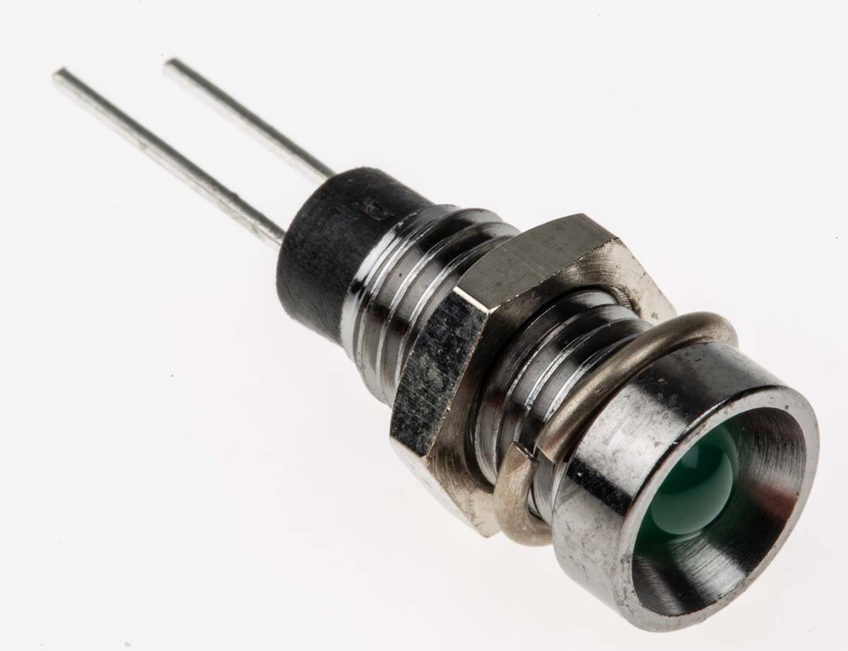 Bulgin Green Panel Mount Indicator, 2.1V, 6.1mm Mounting Hole Size, Lead Wires Termination