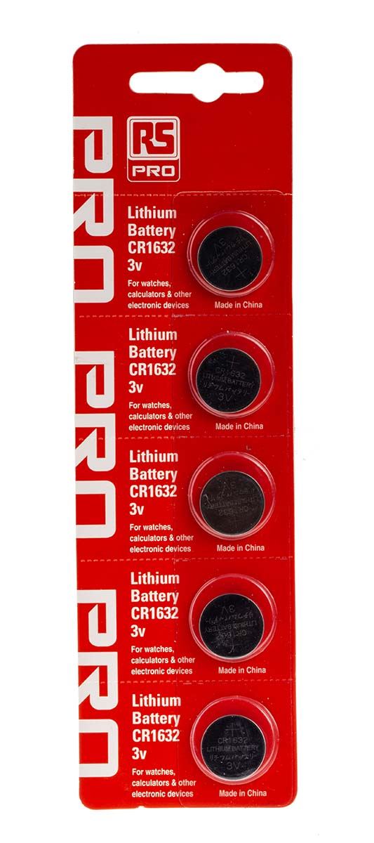 RS PRO CR1632 Button Batteries, 3V, 16mm Diameter, 5 Pack