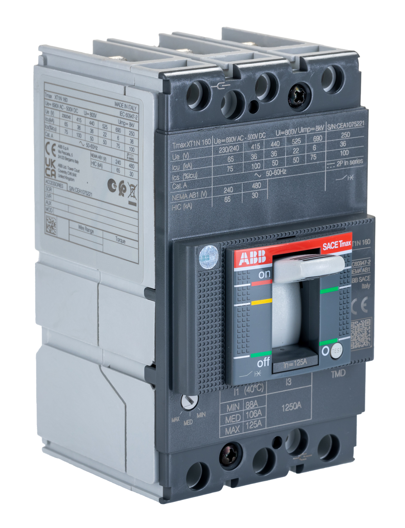 ABB, SACE Tmax XT MCCB Molded Case Circuit Breaker 3P 125A, Breaking Capacity 36 kA, Fixed Mount