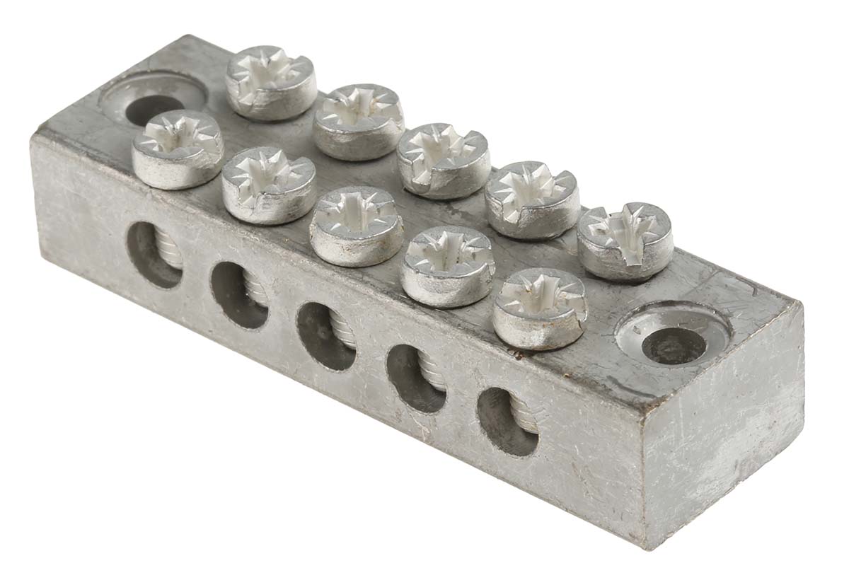 RS PRO 5-Way Double Screw Earth Terminal Block, 0 to 16mm², 0 → 16 AWG Wire, Screw Down, Brass Housing