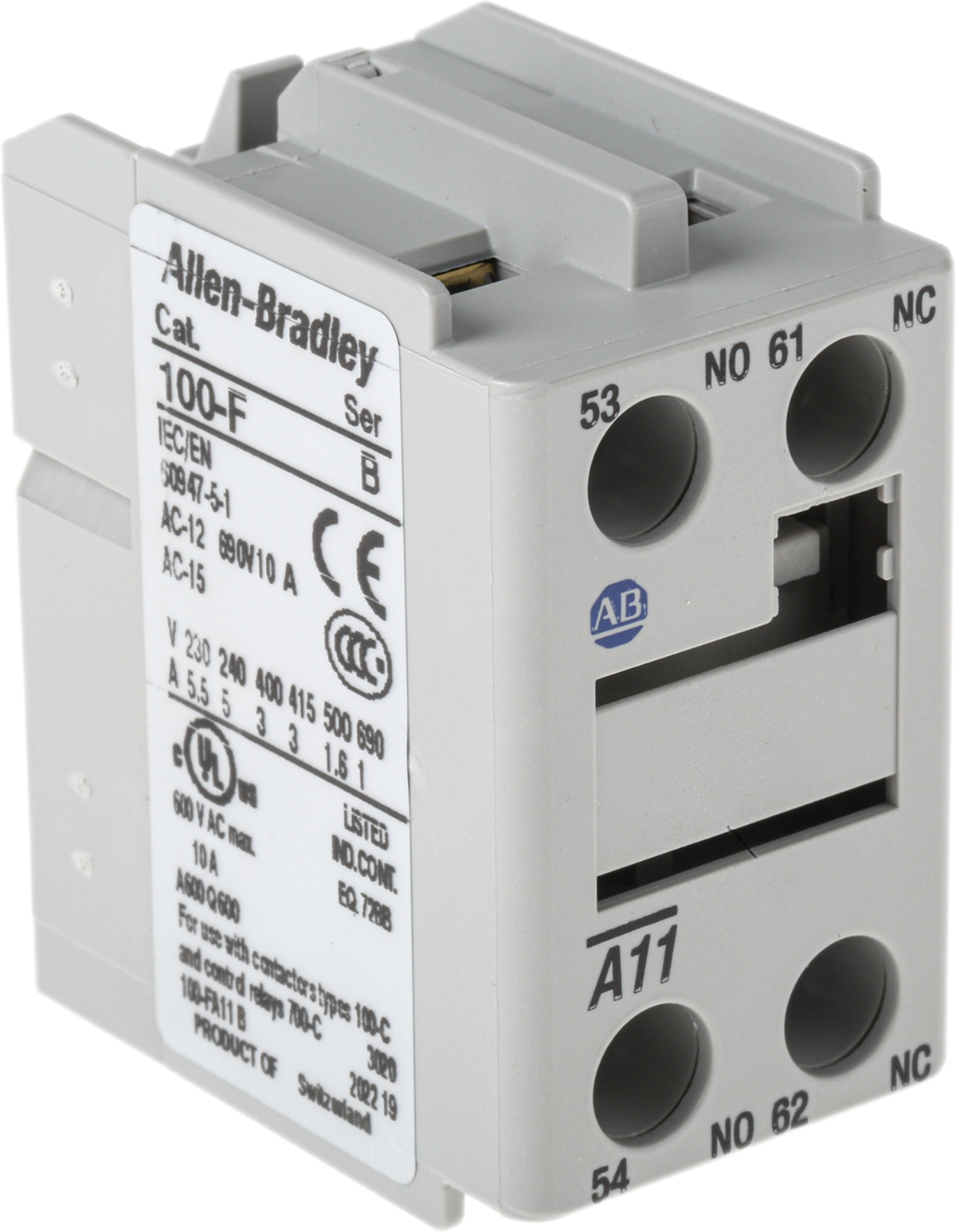 Allen Bradley Auxiliary Contact, 2 Contact, 1NC + 1NO, Front Mount 100F