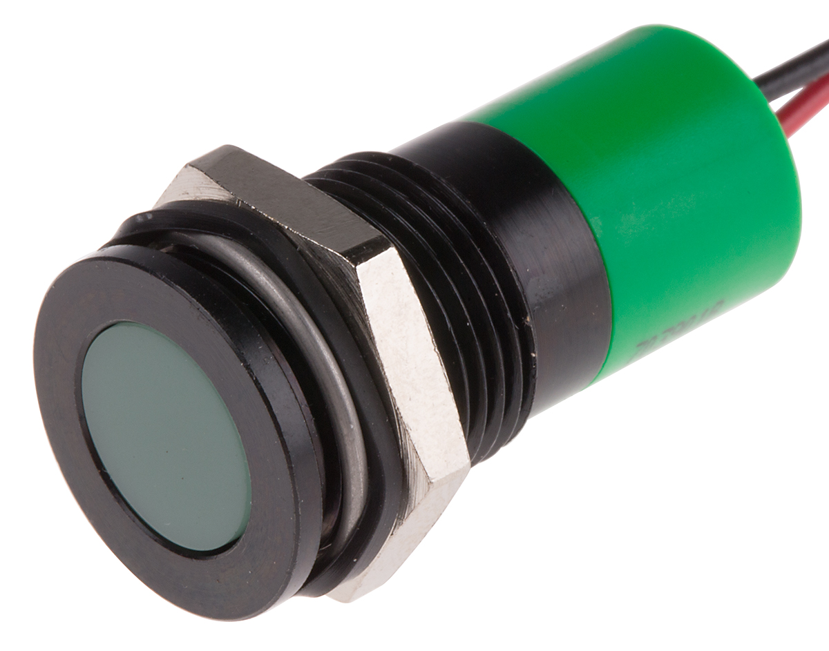 RS PRO Green Panel Mount Indicator, 220V ac, 14mm Mounting Hole Size, Lead Wires Termination, IP67