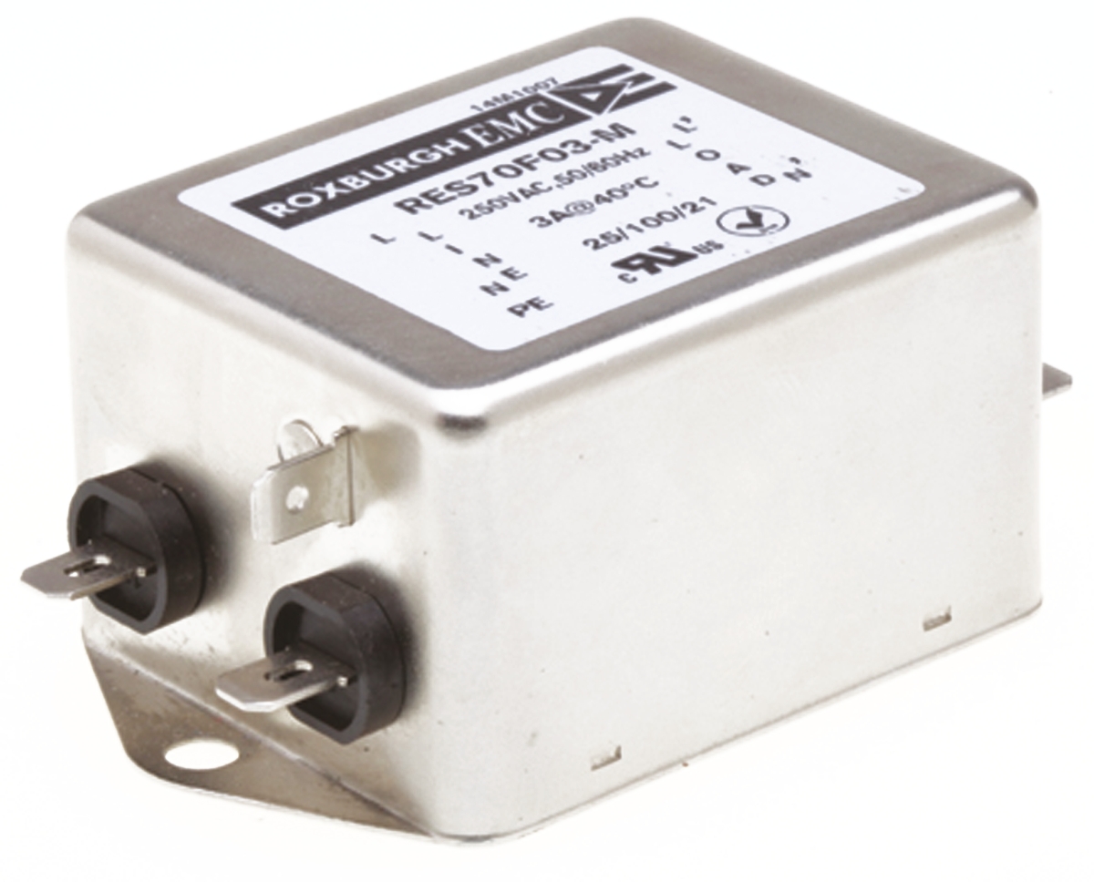 Roxburgh EMC, RES70 3A 250 V ac DC → 400Hz, Chassis Mount RFI Filter, Fast-On, Single Phase
