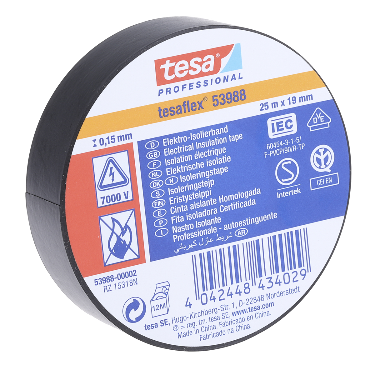 Tesa 53988 Black Soft PVC Electrical Insulation Tape, 19mm x 25m