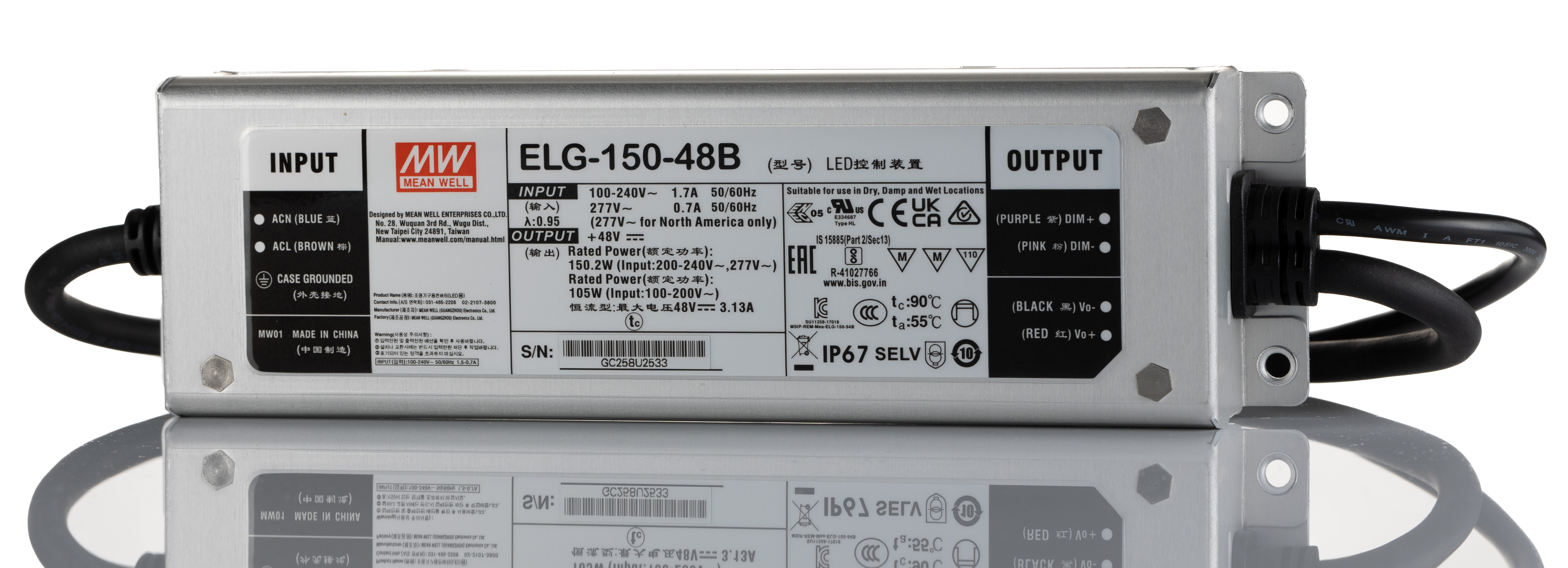 MEAN WELL LED Driver, 48V Output, 150W Output, 3A Output, Constant Current / Constant Voltage Dimmable