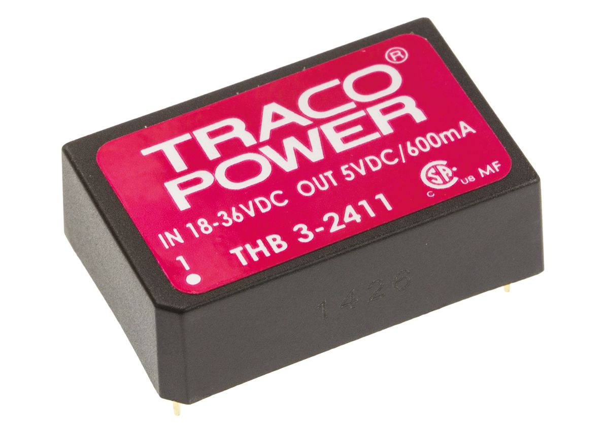 TRACOPOWER THB 3 DC-DC Converter, 5V dc/ 600mA Output, 18 → 36 V dc Input, 3W, Through Hole, +85°C Max Temp