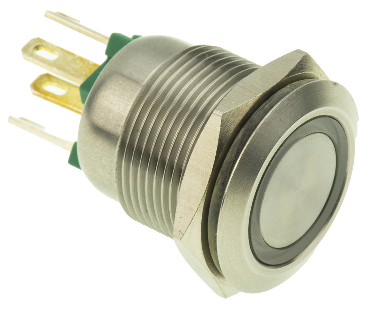 Bulgin MPI002 Series Illuminated Push Button Switch, Momentary, Panel Mount, 19.2mm Cutout, SPST, Green LED, 24V dc,