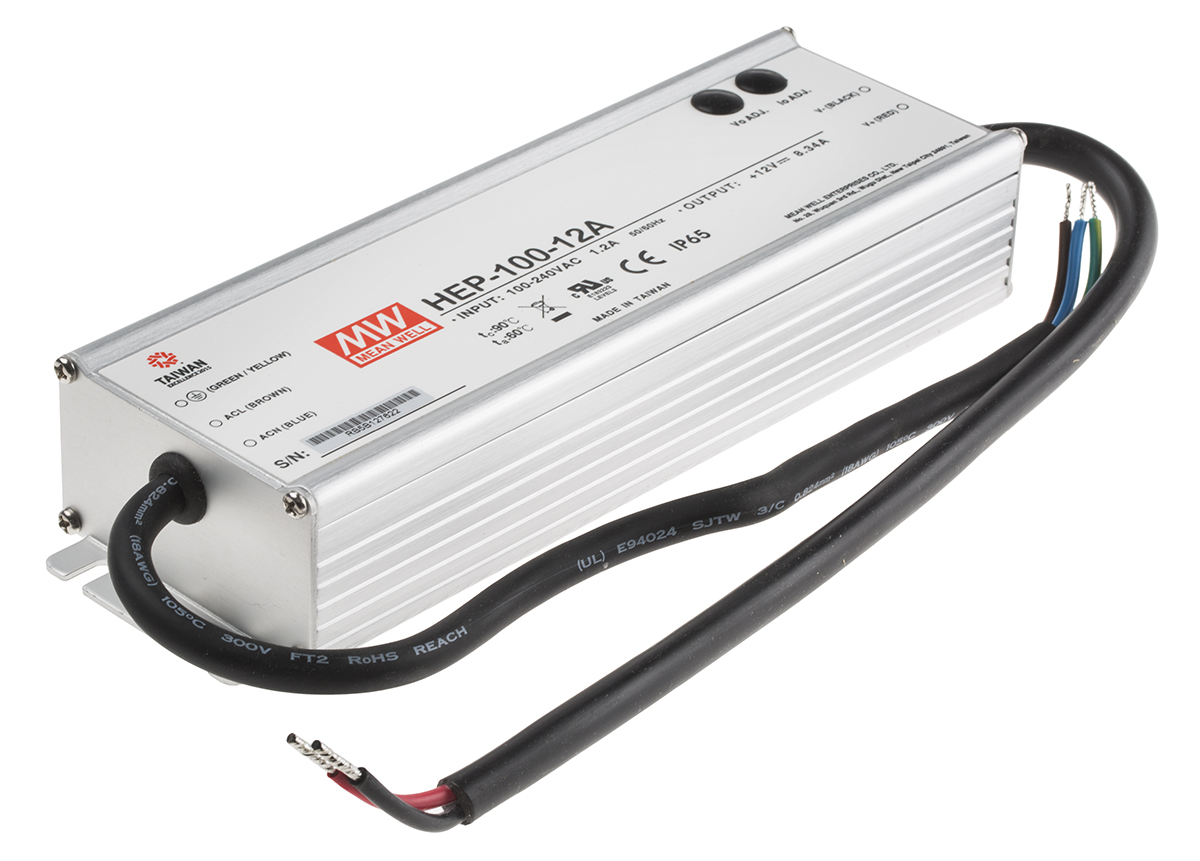 MEAN WELL Switching Power Supply, HEP-100-12A, 12V dc, 8.34A, 100W, 1 Output, 127 → 431 V dc, 90 → 305 V