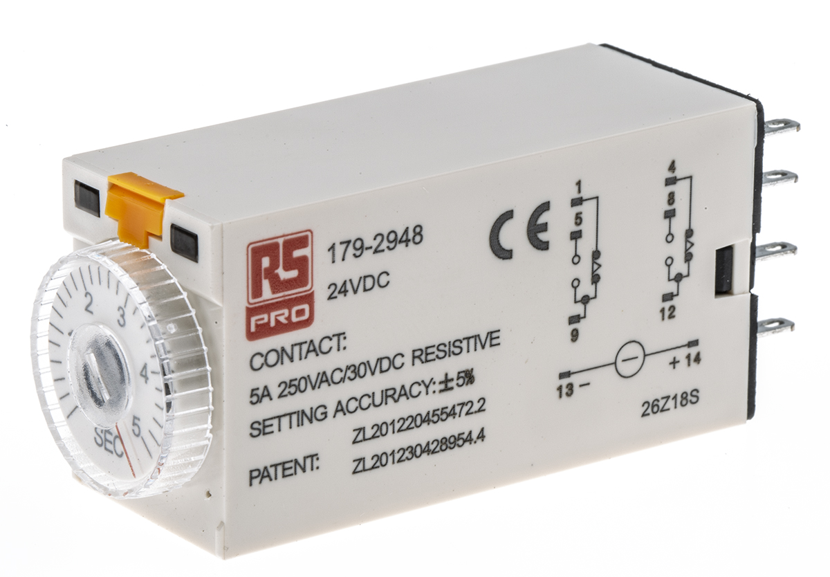 RS PRO Plug In Timer Relay, 24V dc, 2-Contact, 0.2 → 5s, 1-Function, DPDT