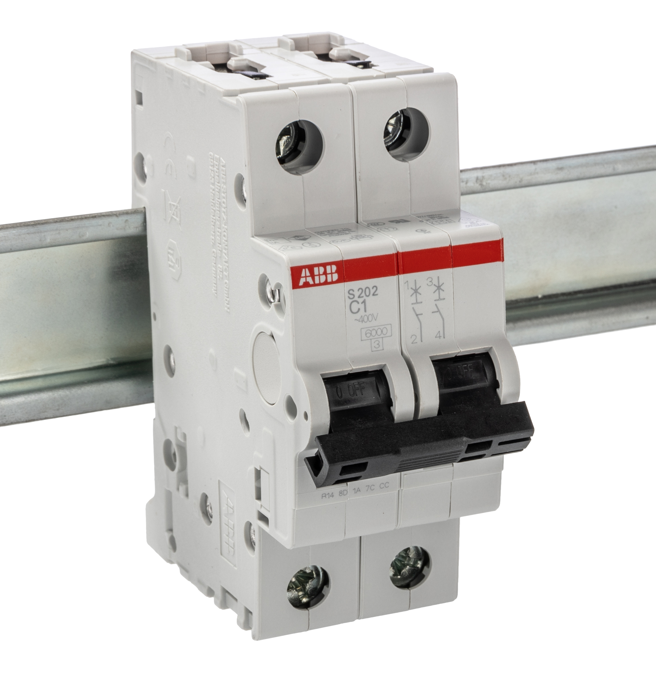 ABB System Pro M Compact S200 MCB, 2P, 1A Curve C, 400V AC, 125V DC, 6 kA Breaking Capacity