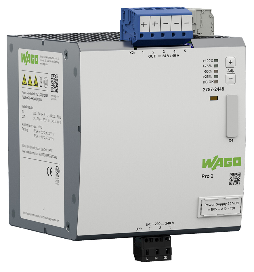 WAGO 2787 DIN Rail Power Supply, 180 → 264 V ac / 130 → 240V dc ac, dc Input, 24V dc dc Output, 40A