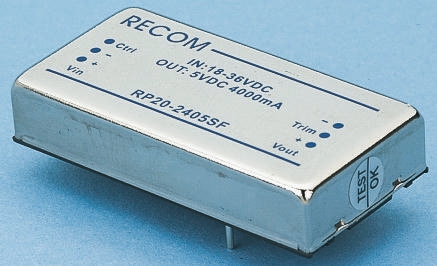 Recom RP20 F DC-DC Converter, 12V dc/ 1.67A Output, 18 → 36 V dc Input, 20W, Through Hole, +85°C Max Temp -40°C