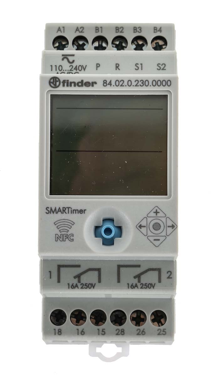 Finder 84 Series Series DIN Rail Mount Timer Relay, 110 → 240V ac/dc, 2-Contact, 0.1 s → 9999h, DPDT