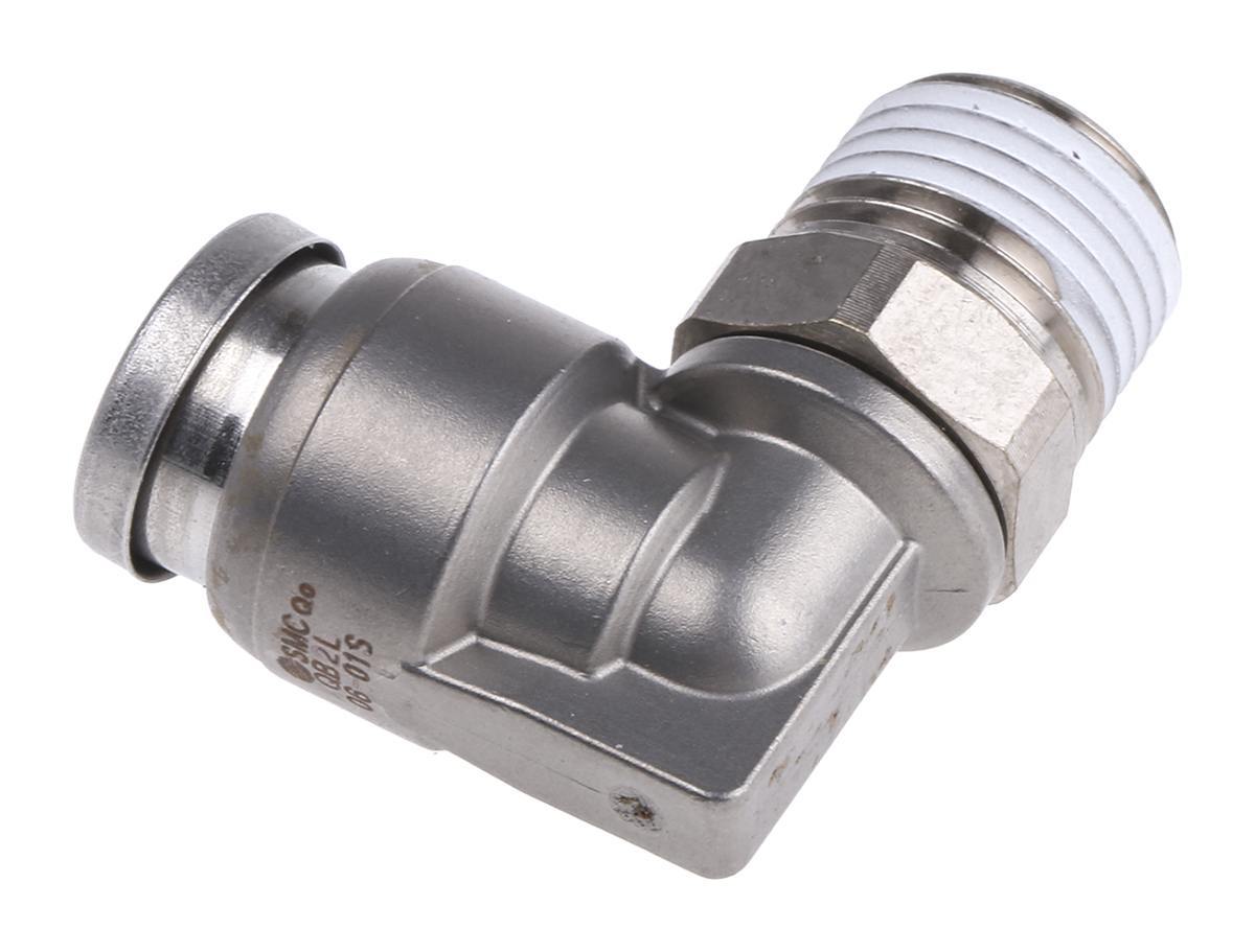 SMC KQB2 Series Elbow Threaded Adaptor, R 1/8 Male to Push In 6 mm, Threaded-to-Tube Connection Style
