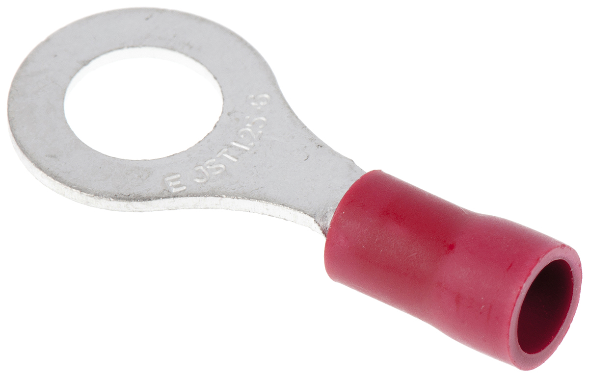 JST, FV Insulated Ring Terminal, M6 (1/4) Stud Size, 0.25mm² to 1.65mm² Wire Size, Red