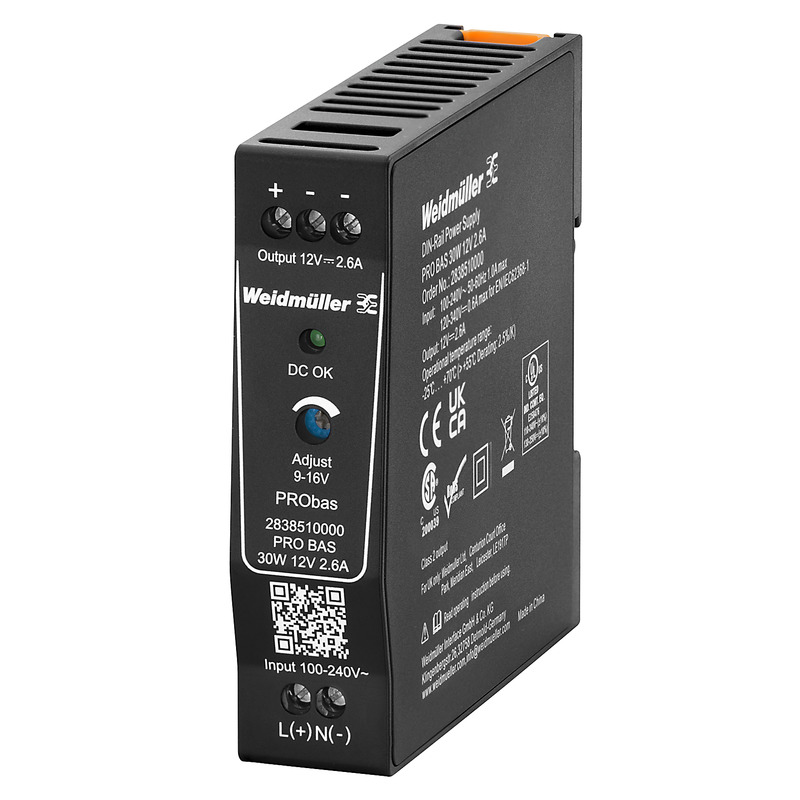Weidmüller PRO BAS DIN Rail Power Supply, 264V ac ac, dc Input, 12V dc dc Output, 2.6A Output, 30W