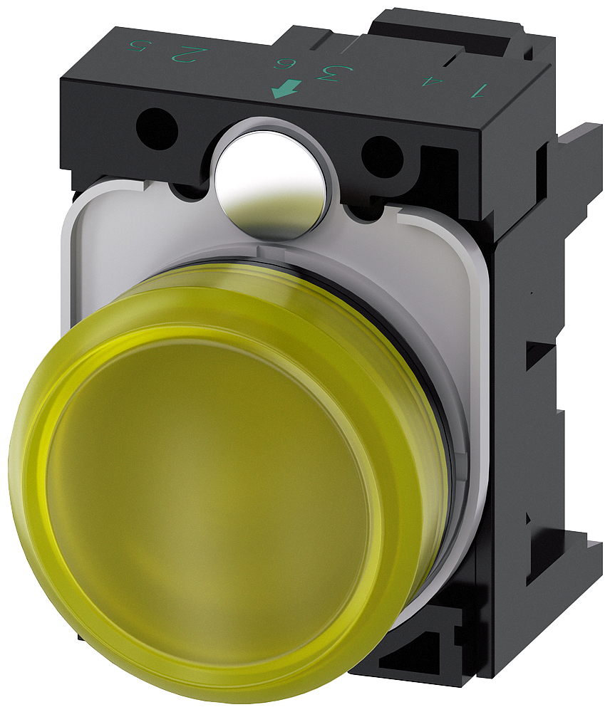 Siemens, SIRIUS ACT 3SU11, Panel Mount Yellow LED Indicator, 22mm Cutout, Round, 230V ac