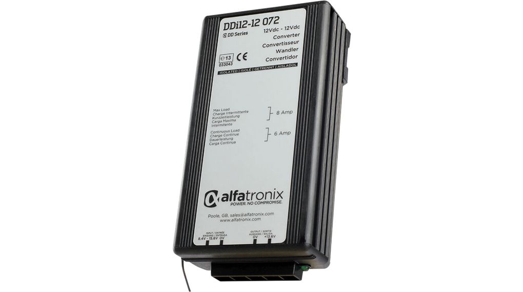 Alfatronix DD DC-DC Converter, 13.6V dc/ 6A Output, 8.4 → 15.6 V dc Input, 72W, Clip Mount, +30°C Max Temp -25°C