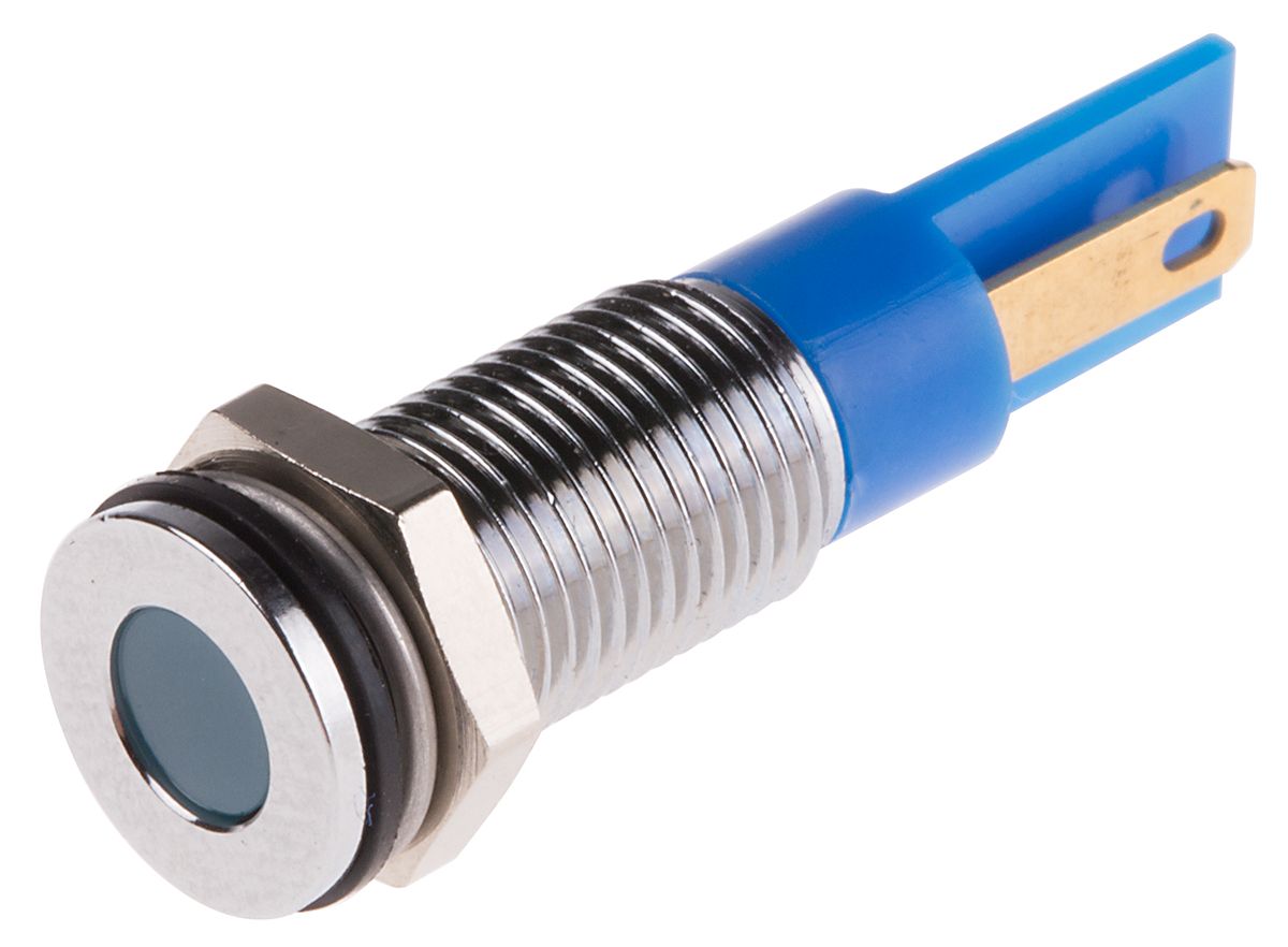 RS PRO Blue Panel Mount Indicator, 12V dc, 8mm Mounting Hole Size, Faston, Solder Lug Termination, IP67