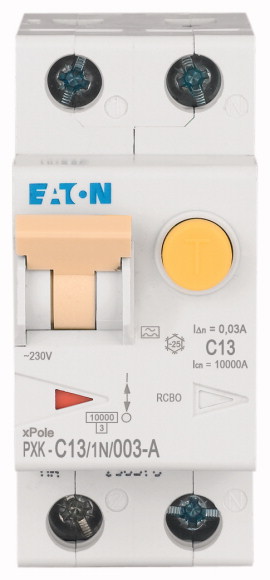 Eaton RCBO, 13A Current Rating, 1P+N Poles, 30mA Trip Sensitivity, Type C, PXK Range