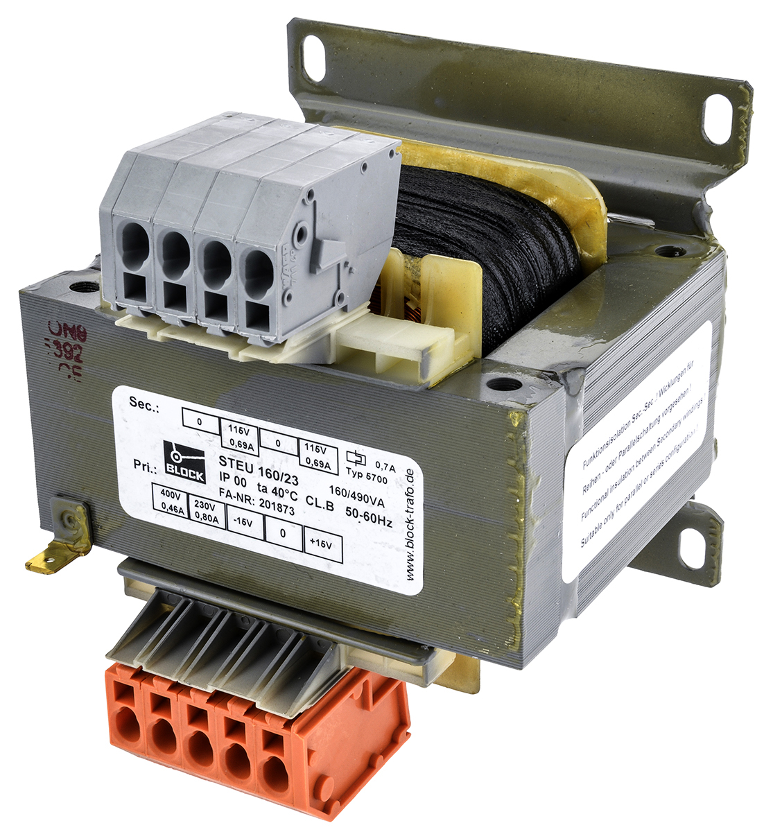 Block 160VA 2 Output Chassis Mounting Transformer, 2 x 115V ac