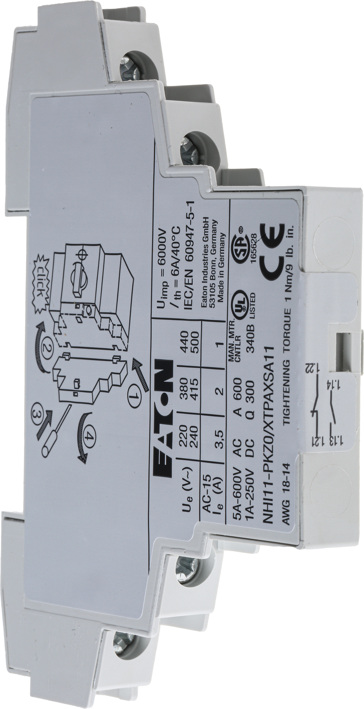 Eaton Auxiliary Contact, 2 Contact, 1NC + 1NO, Side Mount NHI11