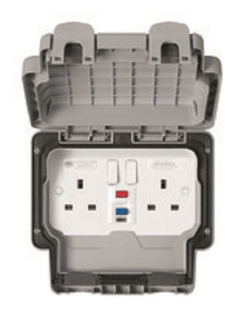 MK Electric 30mA, BS Fixing, Passive, 2 Gang RCD Socket, Polycarbonate, Wall Mount , Switched, IP66 , Outdoor, 240 V,