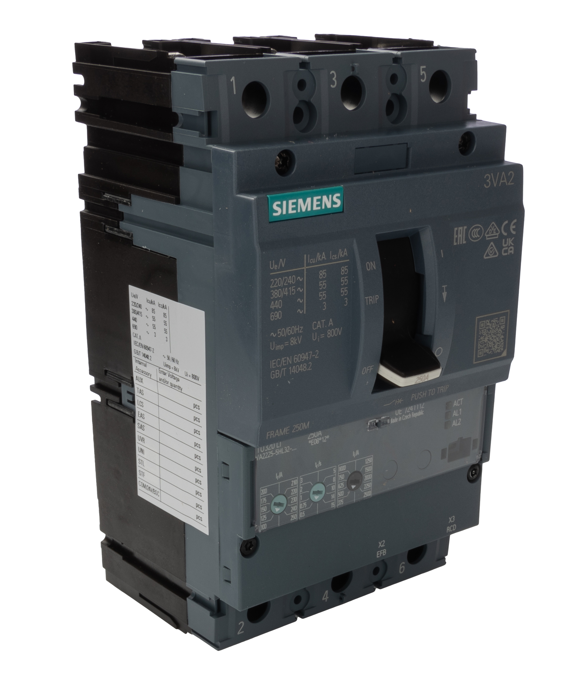 Siemens, SENTRON MCCB 3P 250A, Breaking Capacity 55 kA, Fixed Mount