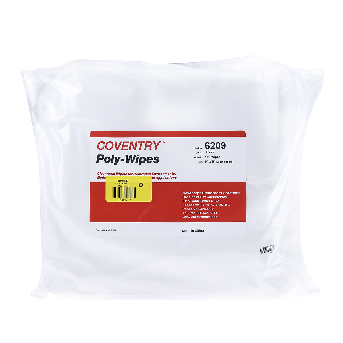 Chemtronics Coventry Poly-Wipes Dry Cleanroom Wipes, Bag of 150, 230 x 230mm
