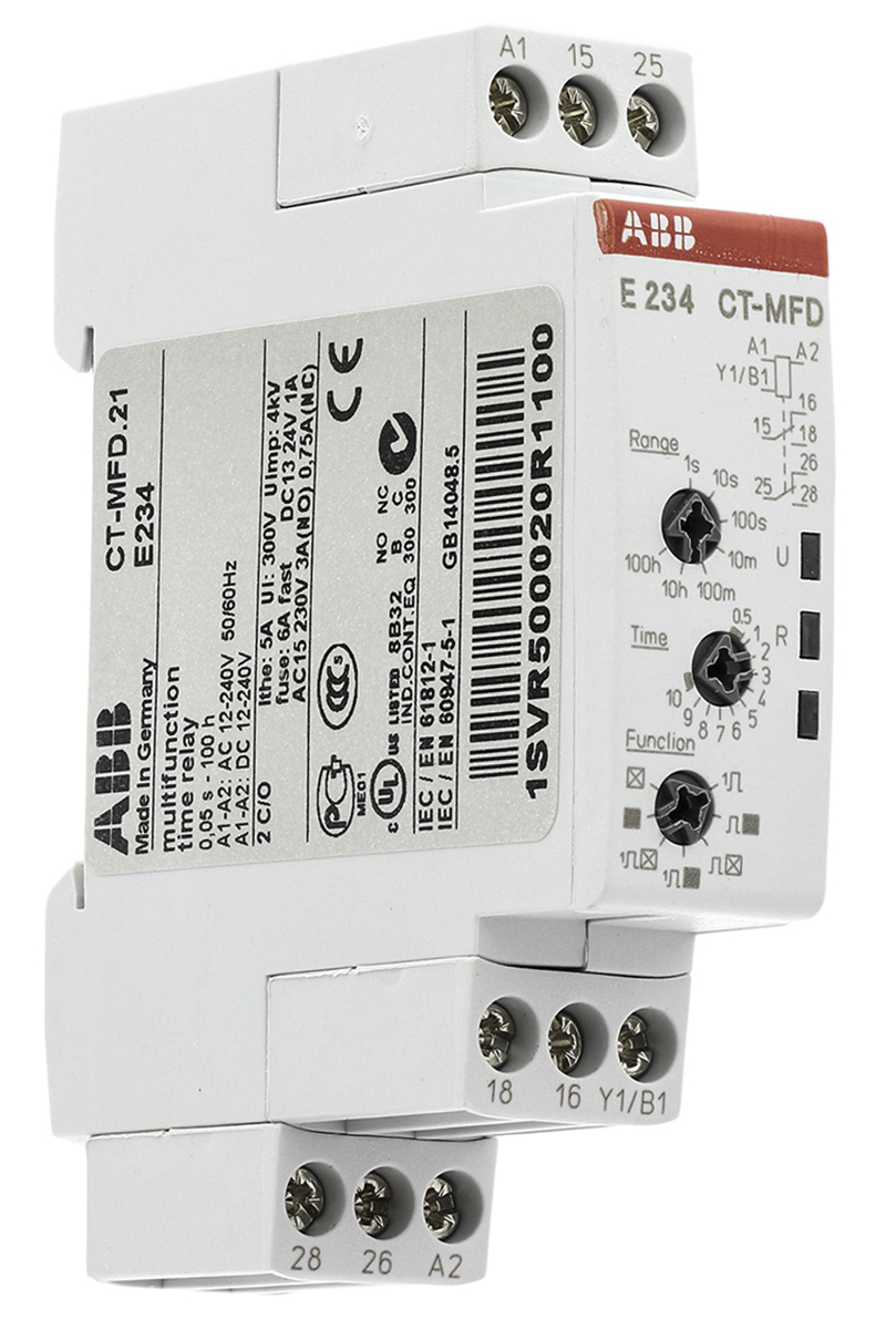 ABB DIN Rail Mount Timer Relay, 240V, 2-Contact, 0.05 → 360000s, DPDT