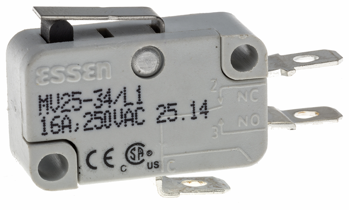 RS PRO Short Lever Micro Switch, Quick Connect Terminal, 16 A @ 250 V ac, SP-CO