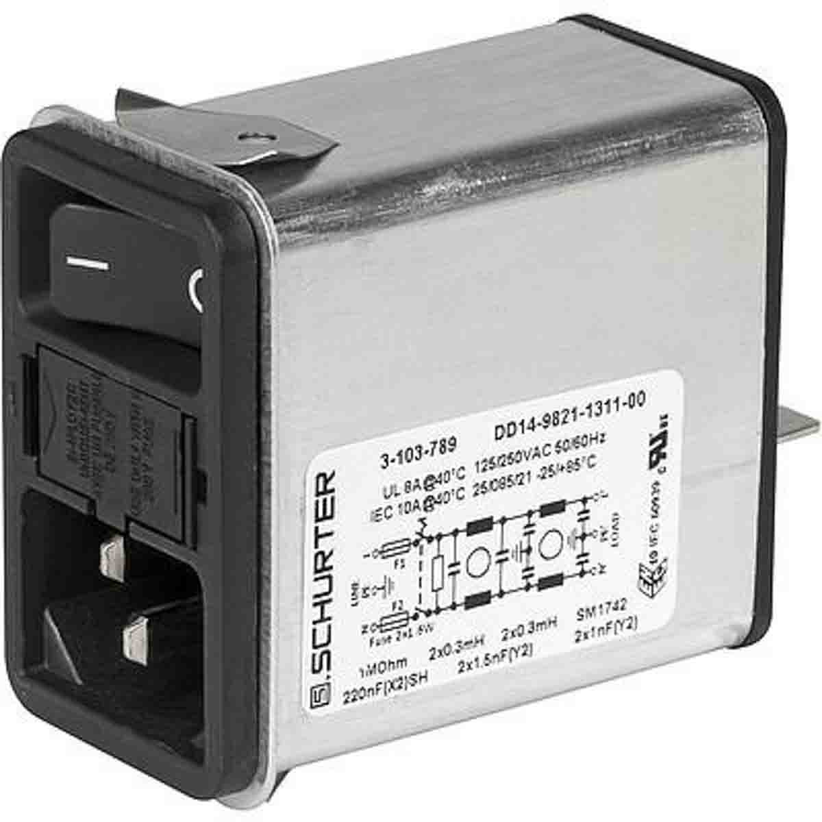 Schurter 10A, 250 V ac Snap-In Filtered IEC Connector 3-103-789