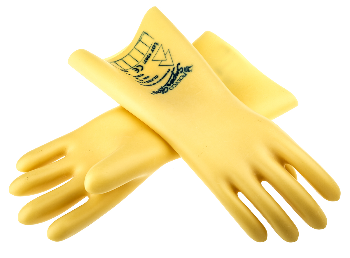 Polyco Healthline Electricians Gloves Yellow Latex Latex Electrical Insulating Gloves, Size 10, Latex Coating