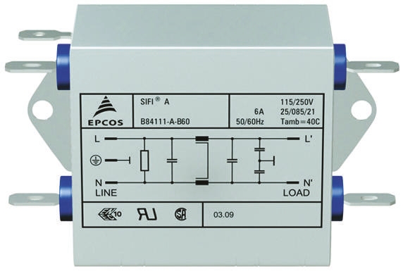 EPCOS B84111A Series 3A 250 V ac 60Hz Flange Mount RFI Filter, with Tab Terminals, Single Phase