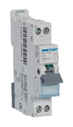 Hager MJT MCB, 2P, 20A Curve C, 240 → 400V AC, 6 kA Breaking Capacity