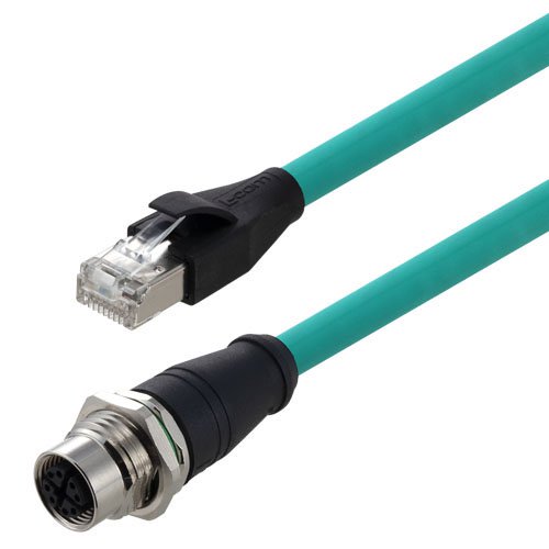 L-ComTRG, 5m Cat6a, Green M12 to Male RJ45 Male, Copper Braid Shielded, Terminated PVC Sheath