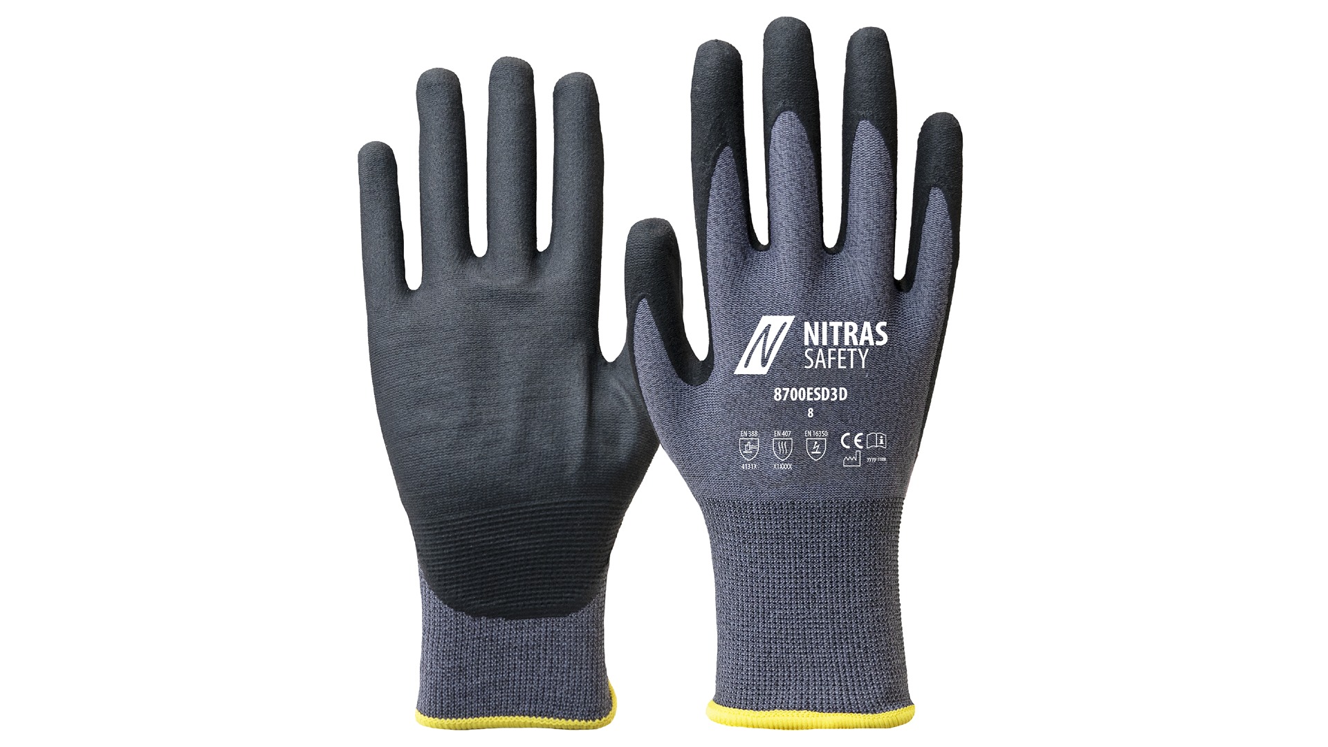 NITRAS SAFETY 8700ESD3D Black, Grey Special Stretch Fabric Anti-Static Gloves, Size 9
