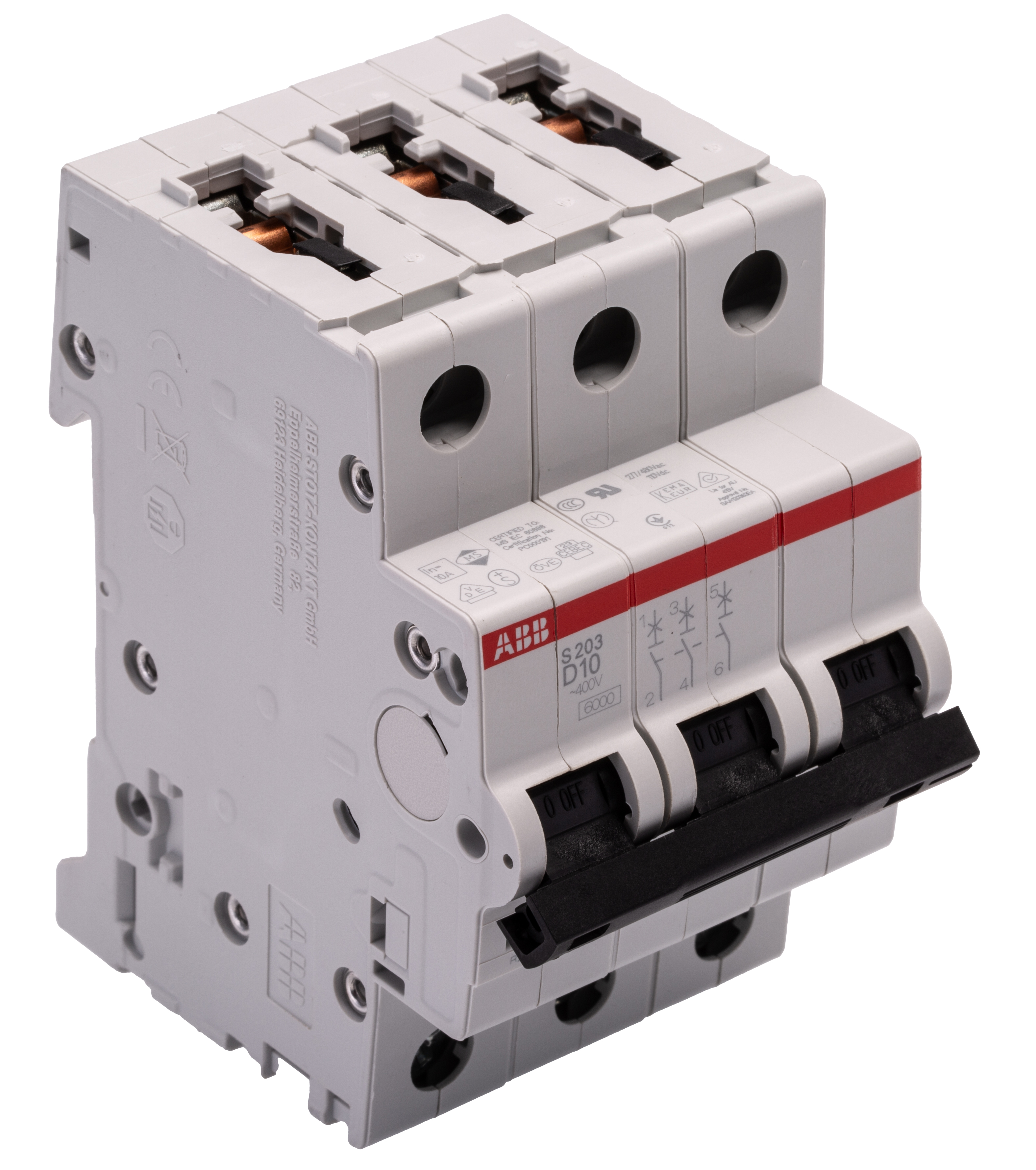 ABB System Pro M Compact S200 MCB, 3P, 10A Curve D, 440V AC, 12V DC, 6 kA Breaking Capacity
