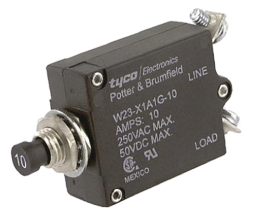TE Connectivity Thermal Circuit Breaker - W23  Single Pole 50 V dc, 250V ac Voltage Rating, 10A Current Rating