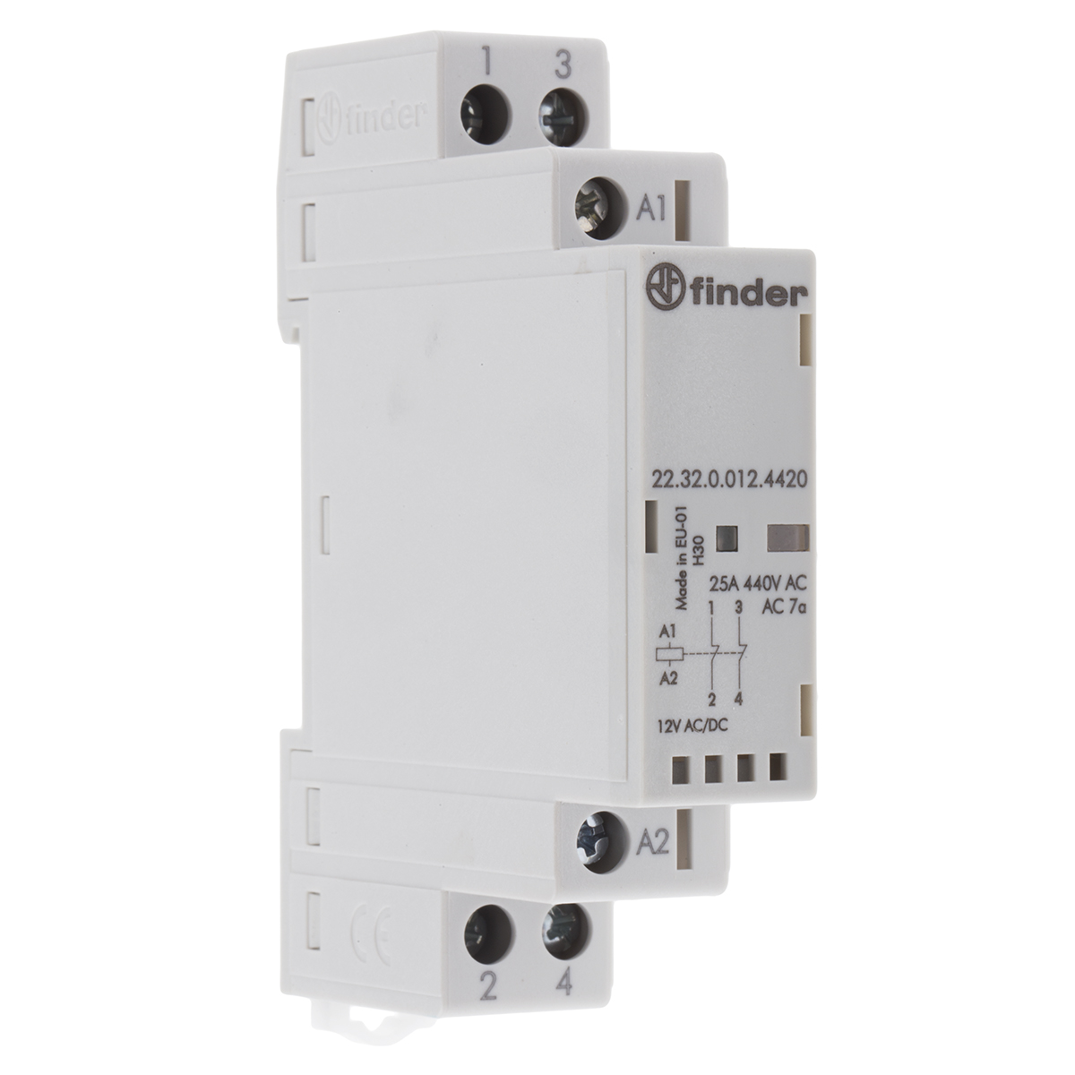 Finder 22 Contactor, 12 V dc Coil, 2-Pole, 25 A, 1.25 W 12 V, 2 NC, 250 V dc, 440V ac