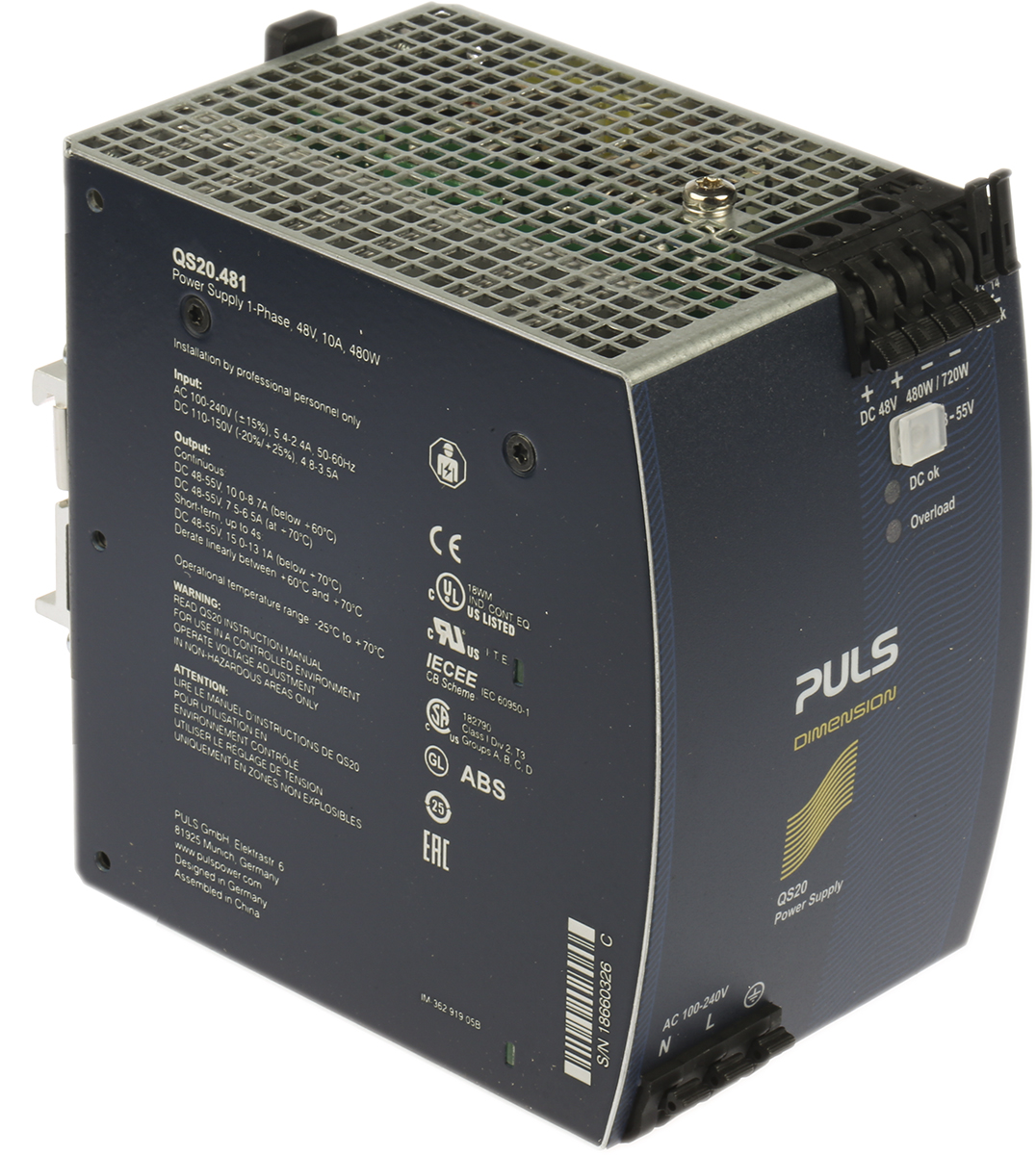 PULS DIMENSION Q Switched Mode DIN Rail Power Supply, 100 → 240V ac ac Input, 48V dc dc Output, 10A Output, 480W