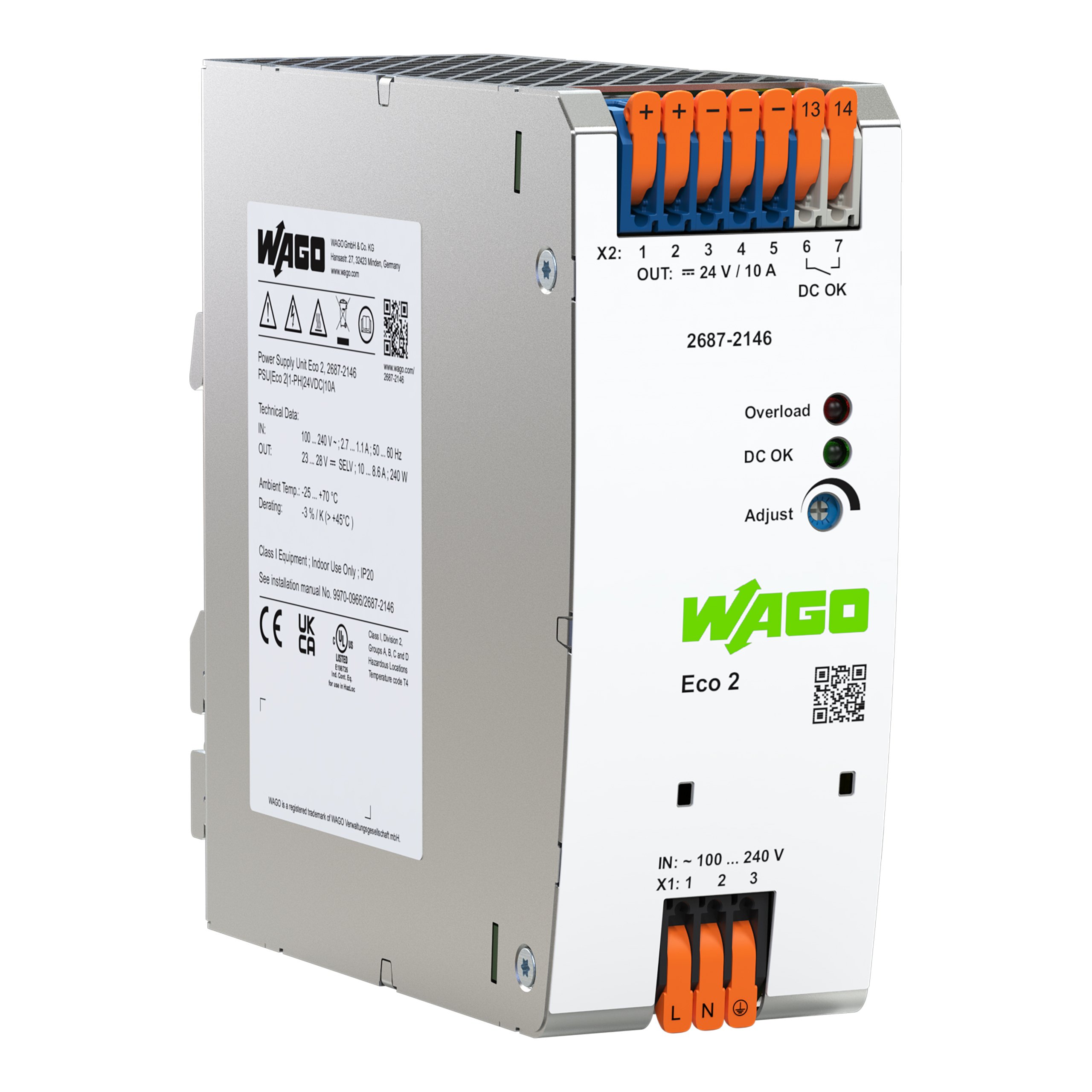 WAGO DIN Rail Power Supply, 90 → 264V, 24V dc, 10A Output, 240W