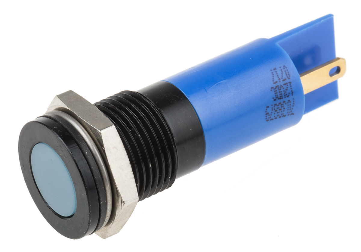 RS PRO Blue Panel Mount Indicator, 12V dc, 14mm Mounting Hole Size, Solder Tab Termination, IP67