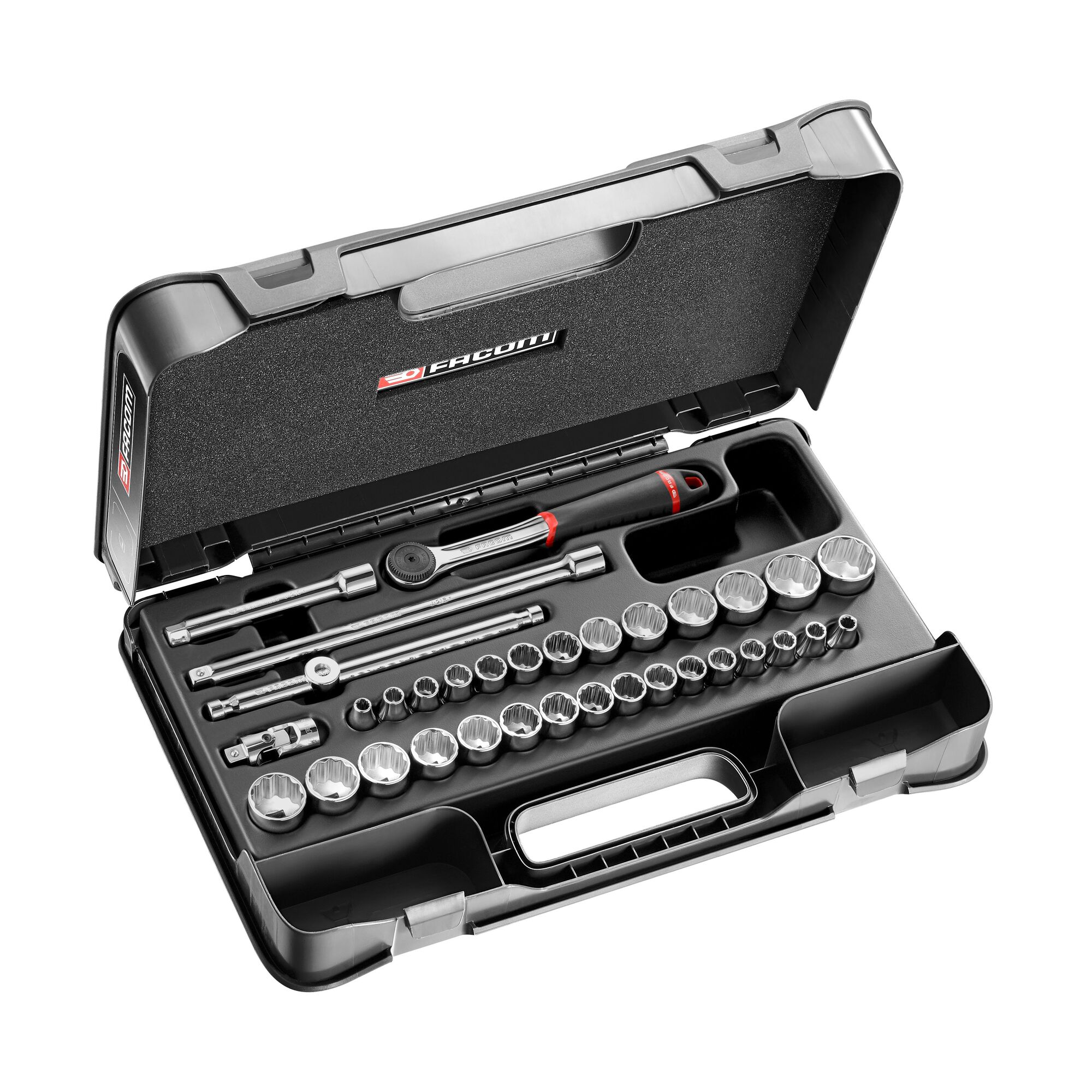 Facom 34-Piece Imperial, Metric 3/8 in Standard Socket Set with Ratchet, 12 point
