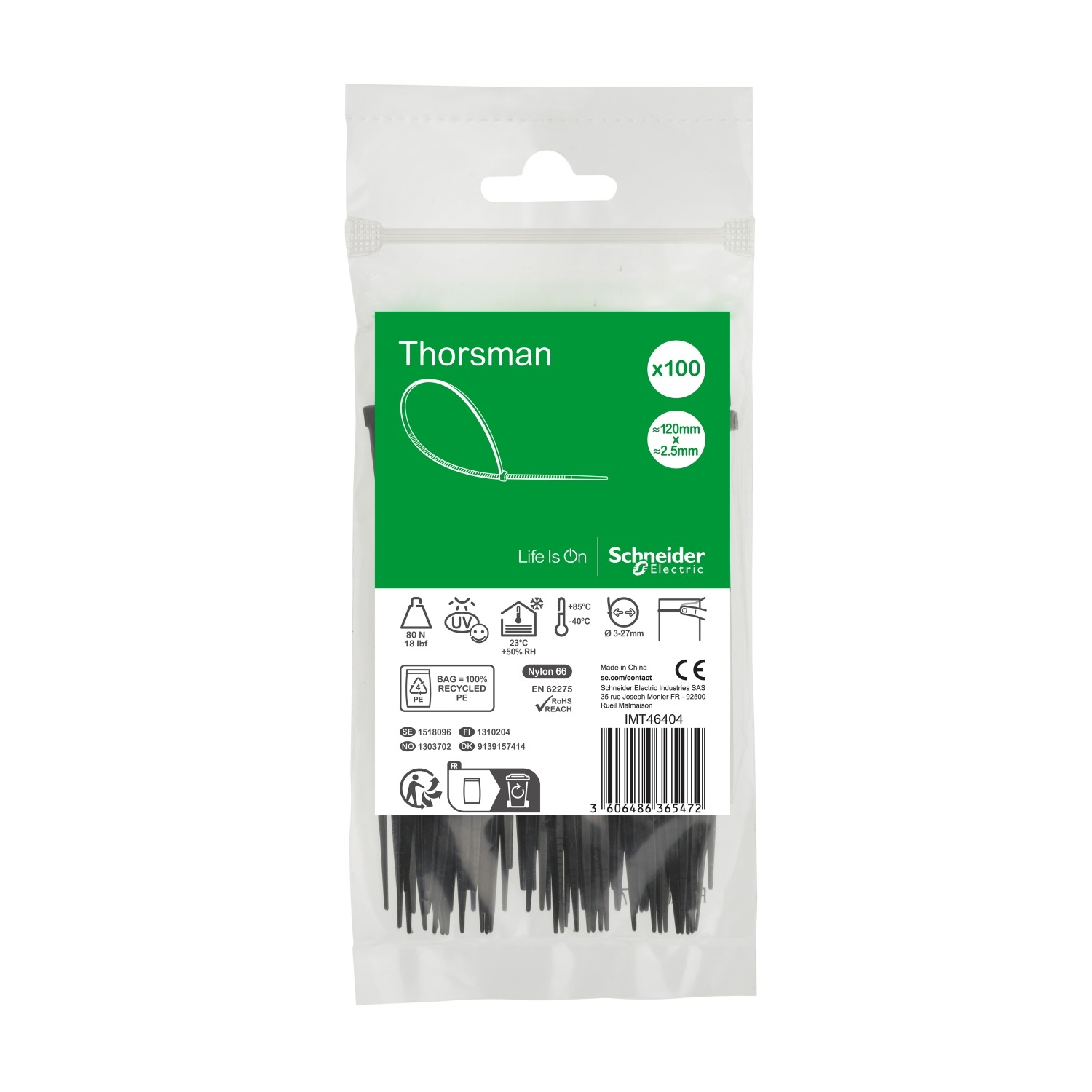 Schneider Electric Cable Tie, , 120mm x 2.5 mm, Black Nylon, Pk-100