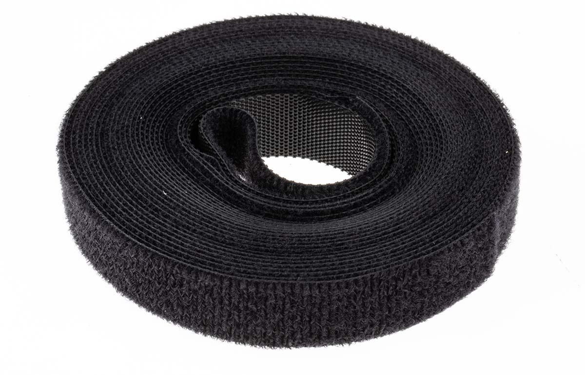 RS PRO Cable Tie, Hook and Loop, 5m x 16 mm, Black Nylon, Pk-1